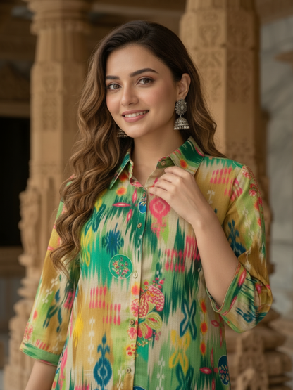 Multicolor Abstract Ikat Printed Cotton Straight Fit Co-ord Set with Palazzo