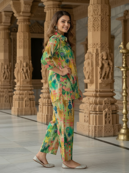Multicolor Abstract Ikat Printed Cotton Straight Fit Co-ord Set with Palazzo