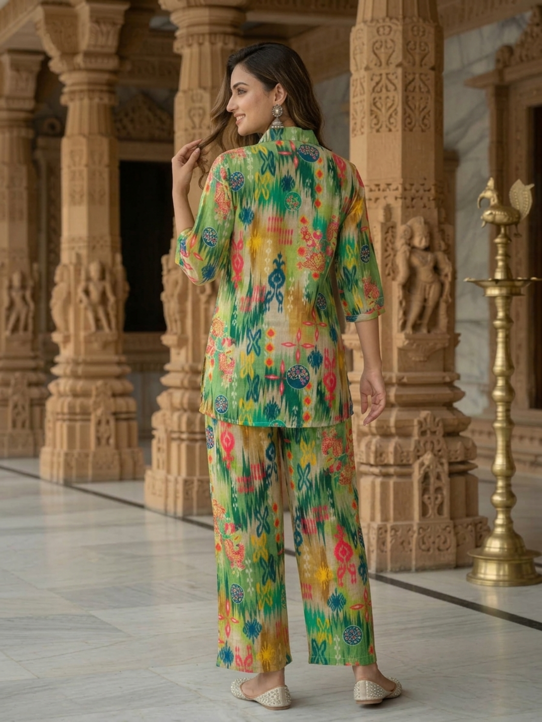 Multicolor Abstract Ikat Printed Cotton Straight Fit Co-ord Set with Palazzo