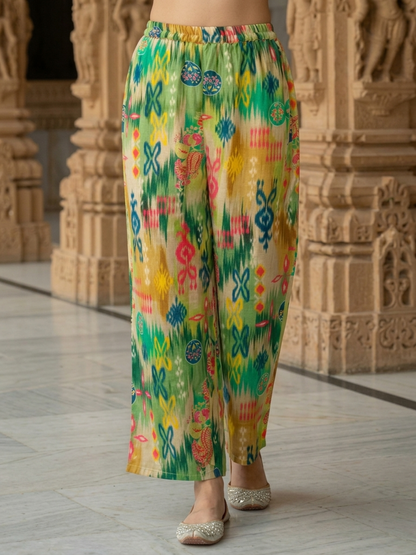 Multicolor Abstract Ikat Printed Cotton Straight Fit Co-ord Set with Palazzo