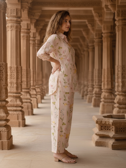 Multicolor Abstract Floral Printed Cotton Straight Fit Co-ord Set with Palazzo