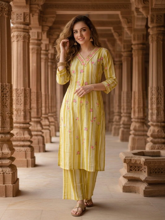 Mustard floral and striped cotton co-ord set, product photo 1