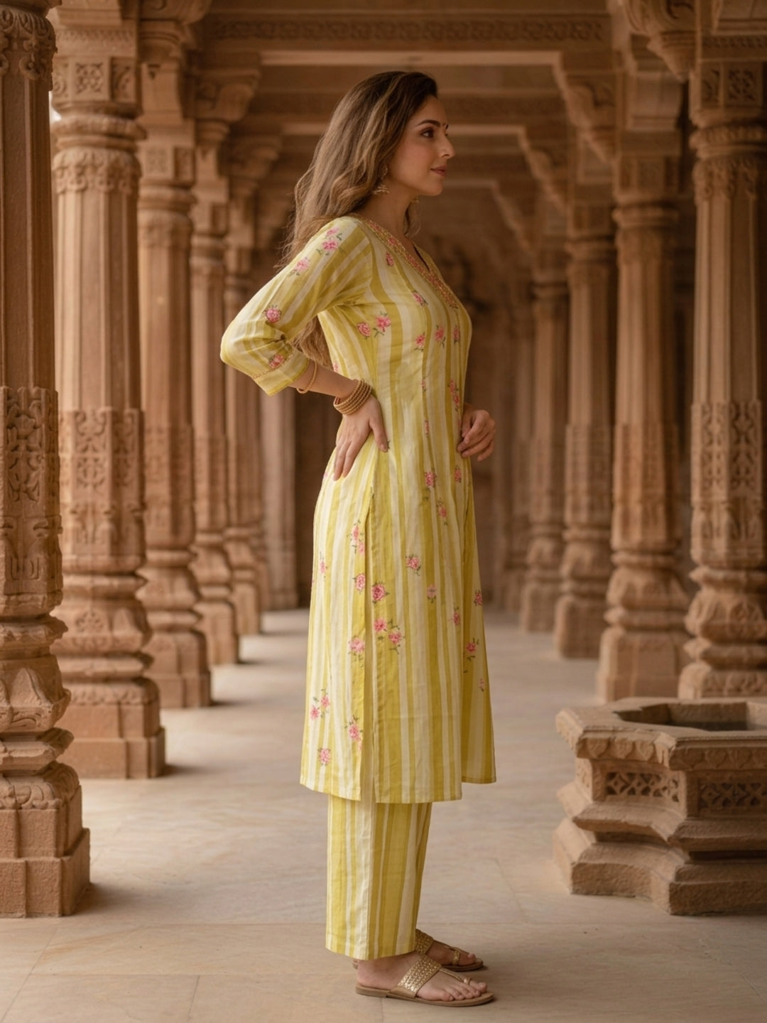 Mustard floral and striped cotton co-ord set, product photo 6
