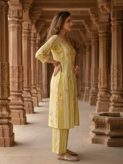 Mustard floral and striped cotton co-ord set, product photo 6