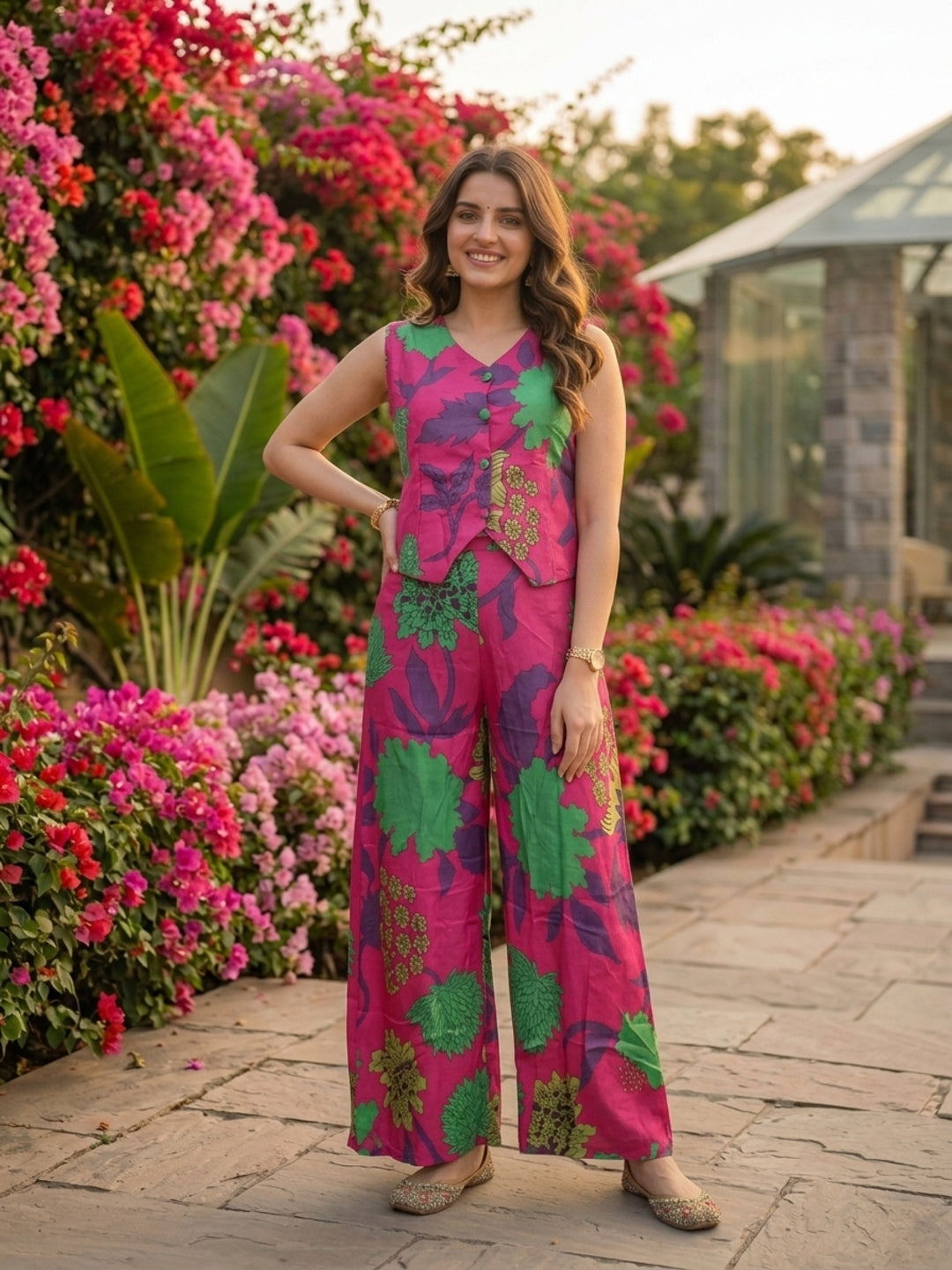 Pink floral printed sleeveless co-ord set, product photo 1