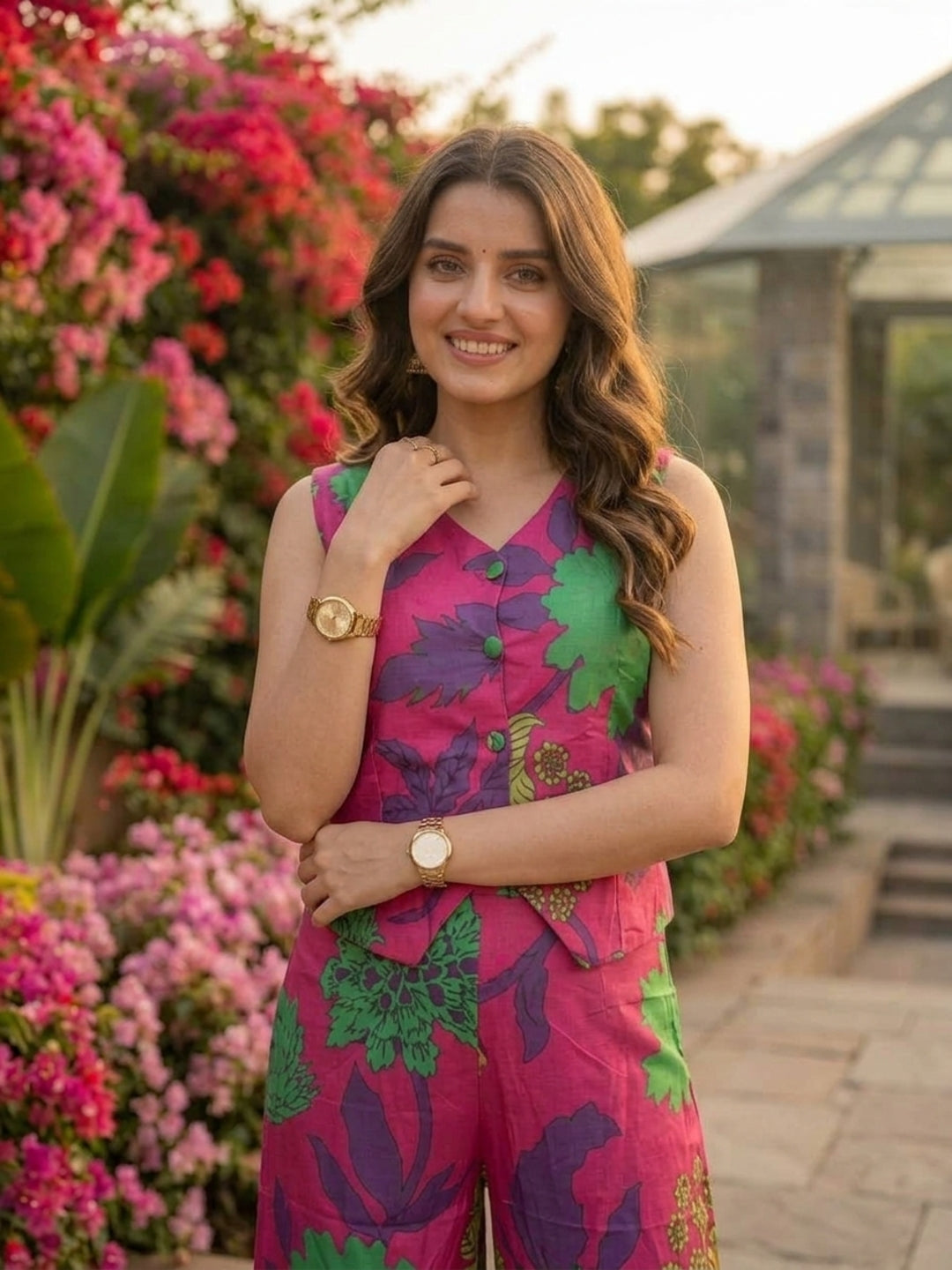 Pink floral printed sleeveless co-ord set, product photo 4