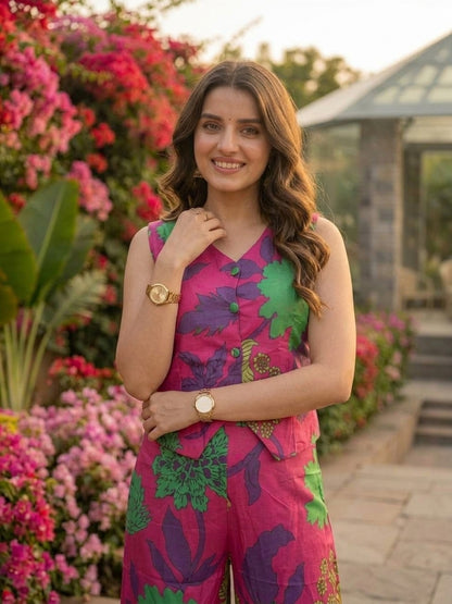 Pink floral printed sleeveless co-ord set, product photo 4