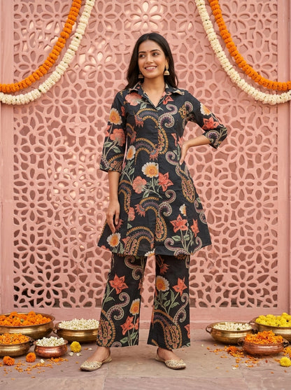 Black Abstract Floral Printed Cotton A-Line Kurta Set with Palazzo