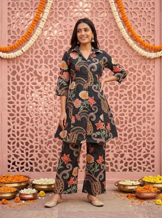 Black Abstract Floral Printed Cotton A-Line Kurta Set with Palazzo