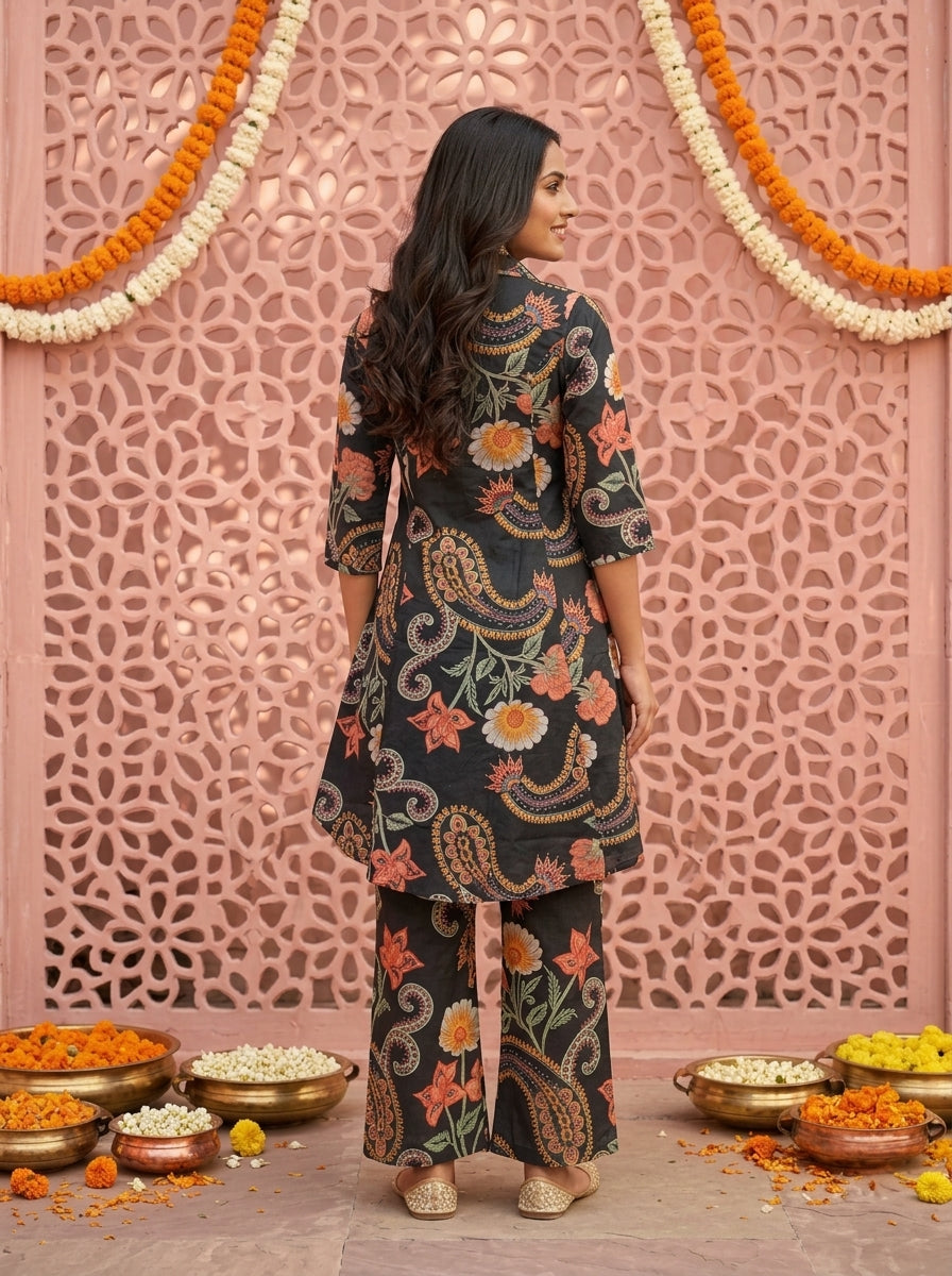 Black Abstract Floral Printed Cotton A-Line Kurta Set with Palazzo