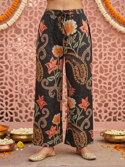 Black Abstract Floral Printed Cotton A-Line Kurta Set with Palazzo