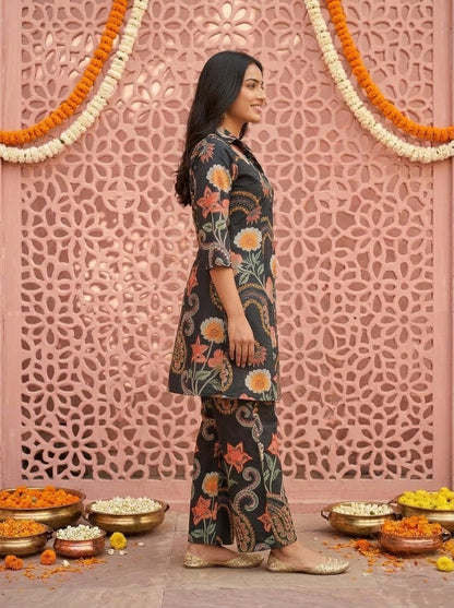 Black Abstract Floral Printed Cotton A-Line Kurta Set with Palazzo