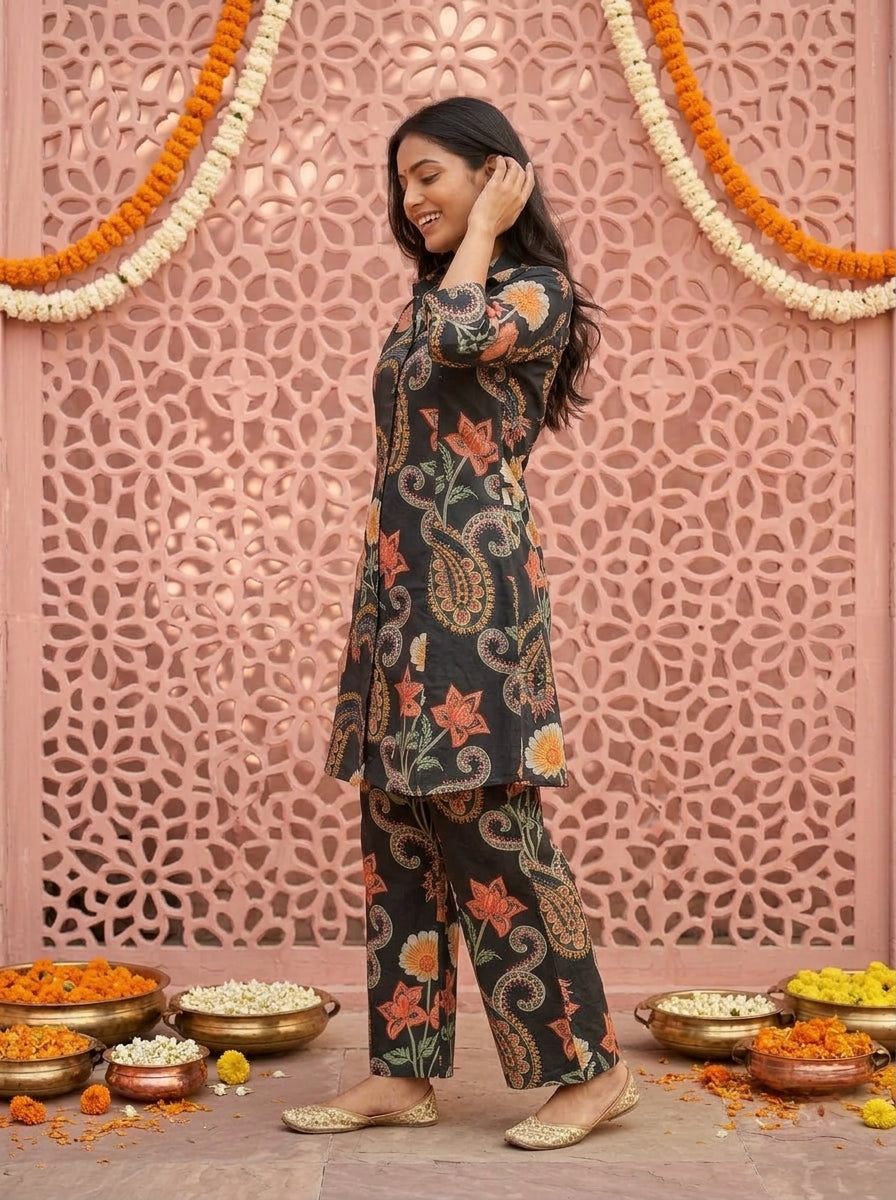 Black Abstract Floral Printed Cotton A-Line Kurta Set with Palazzo
