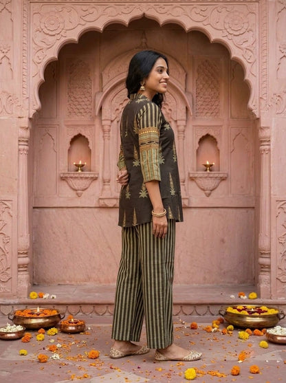 Espresso Brown Floral Ethnic Printed Embroidered Cotton A-Line Kurta Set with Palazzo