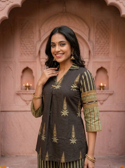 Espresso Brown Floral Ethnic Printed Embroidered Cotton A-Line Kurta Set with Palazzo