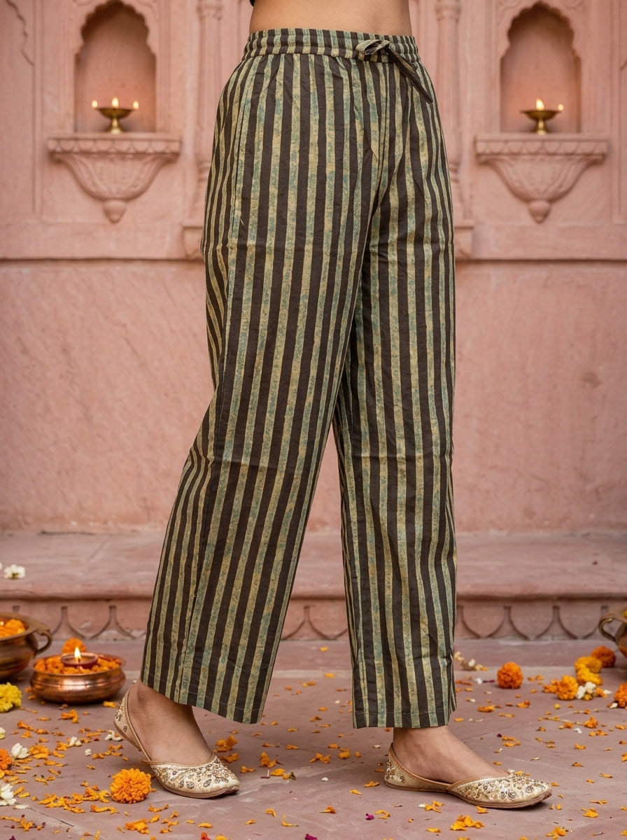 Espresso Brown Floral Ethnic Printed Embroidered Cotton A-Line Kurta Set with Palazzo
