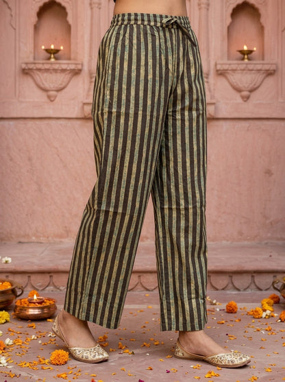 Espresso Brown Floral Ethnic Printed Embroidered Cotton A-Line Kurta Set with Palazzo