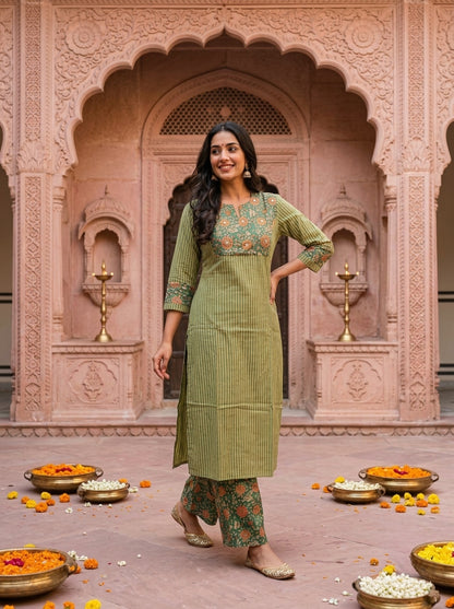 Green Kalamkari Floral Printed Embroidered Cotton Straight Kurta Set with Palazzo