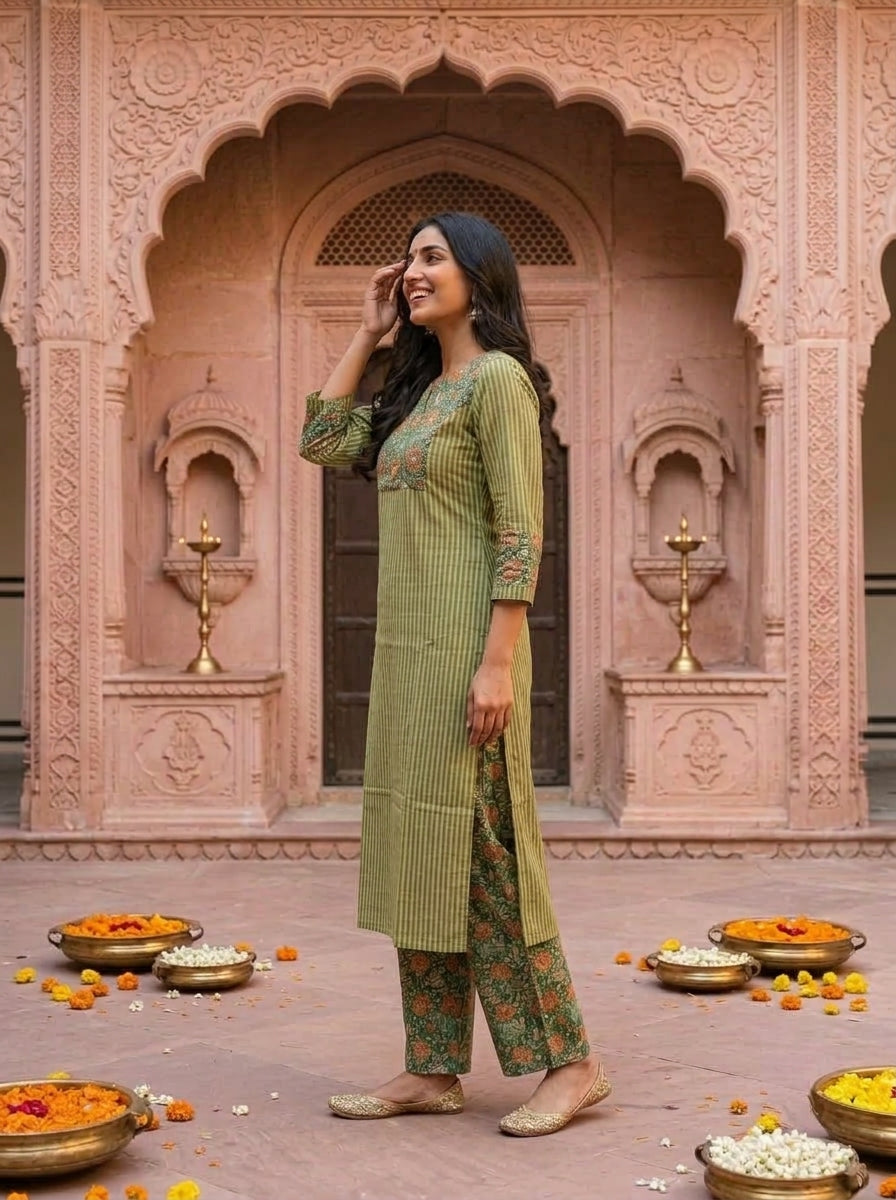 Green Kalamkari Floral Printed Embroidered Cotton Straight Kurta Set with Palazzo