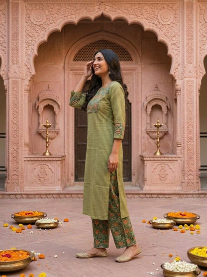 Green Kalamkari Floral Printed Embroidered Cotton Straight Kurta Set with Palazzo