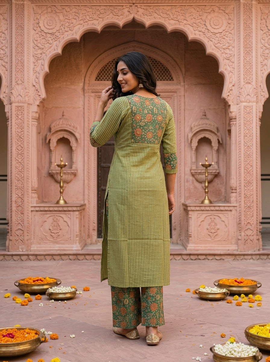 Green Kalamkari Floral Printed Embroidered Cotton Straight Kurta Set with Palazzo