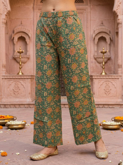 Green Kalamkari Floral Printed Embroidered Cotton Straight Kurta Set with Palazzo
