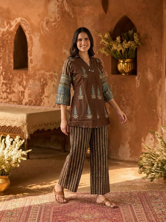 Brown Ethnic Printed Embroidered Cotton A-Line Kurta Set with Palazzo