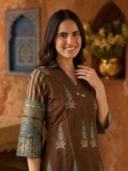 Brown Ethnic Printed Embroidered Cotton A-Line Kurta Set with Palazzo