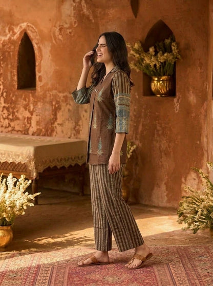 Brown Ethnic Printed Embroidered Cotton A-Line Kurta Set with Palazzo