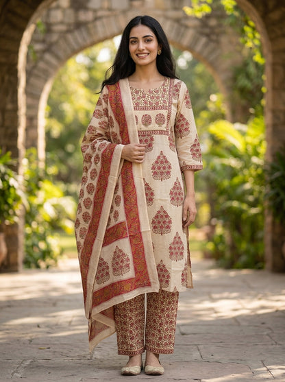 Peach Mughal Floral Ethnic Printed Sequin Cotton Straight Kurta Set with Palazzo and Dupatta