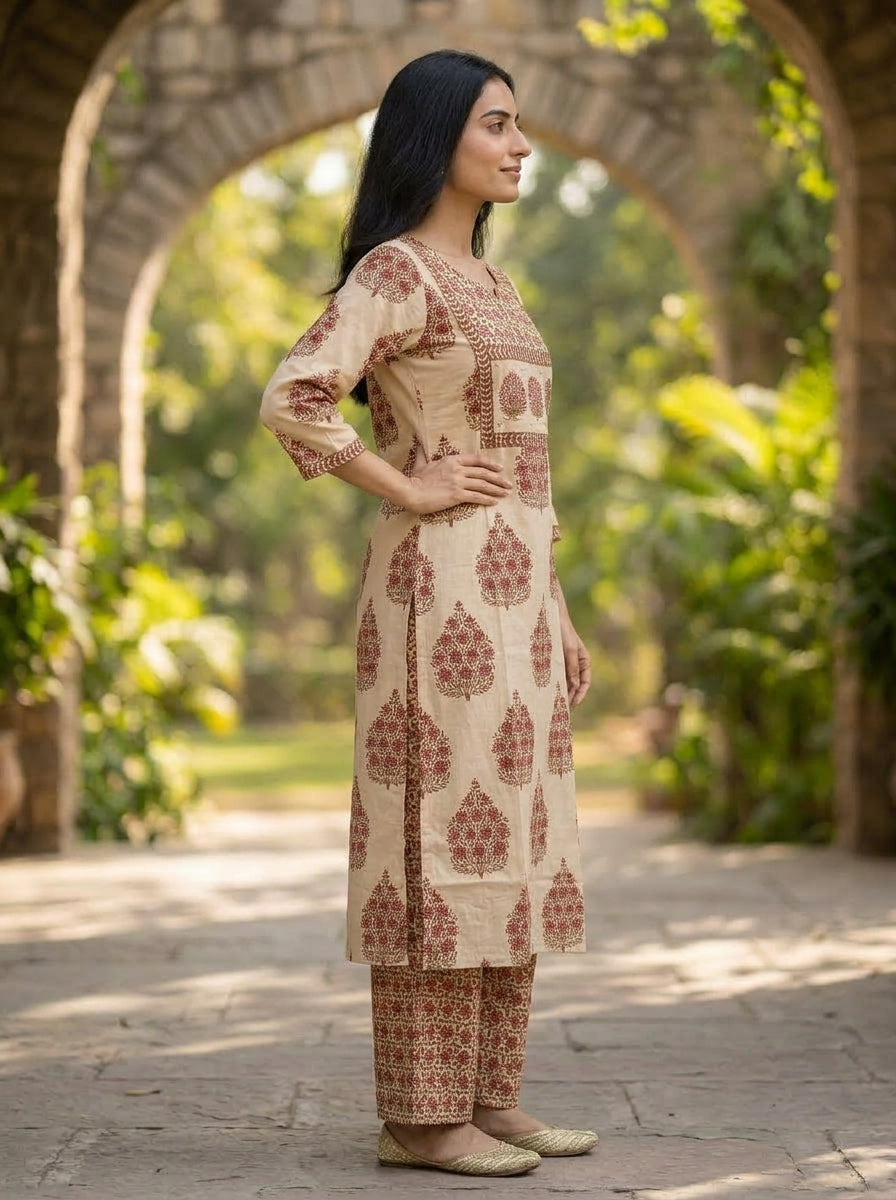 Peach Mughal Floral Ethnic Printed Sequin Cotton Straight Kurta Set with Palazzo and Dupatta