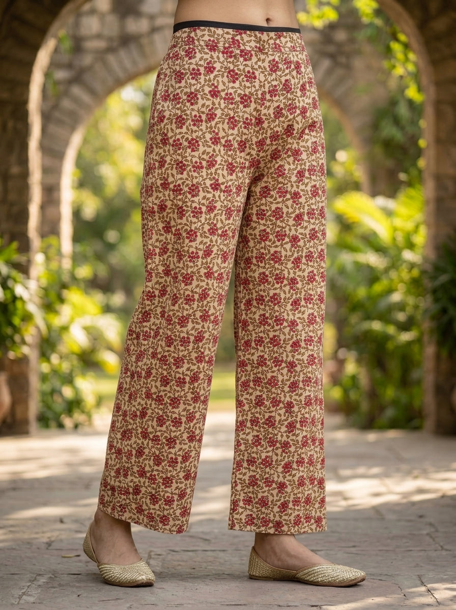 Peach Mughal Floral Ethnic Printed Sequin Cotton Straight Kurta Set with Palazzo and Dupatta