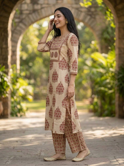 Peach Mughal Floral Ethnic Printed Sequin Cotton Straight Kurta Set with Palazzo and Dupatta