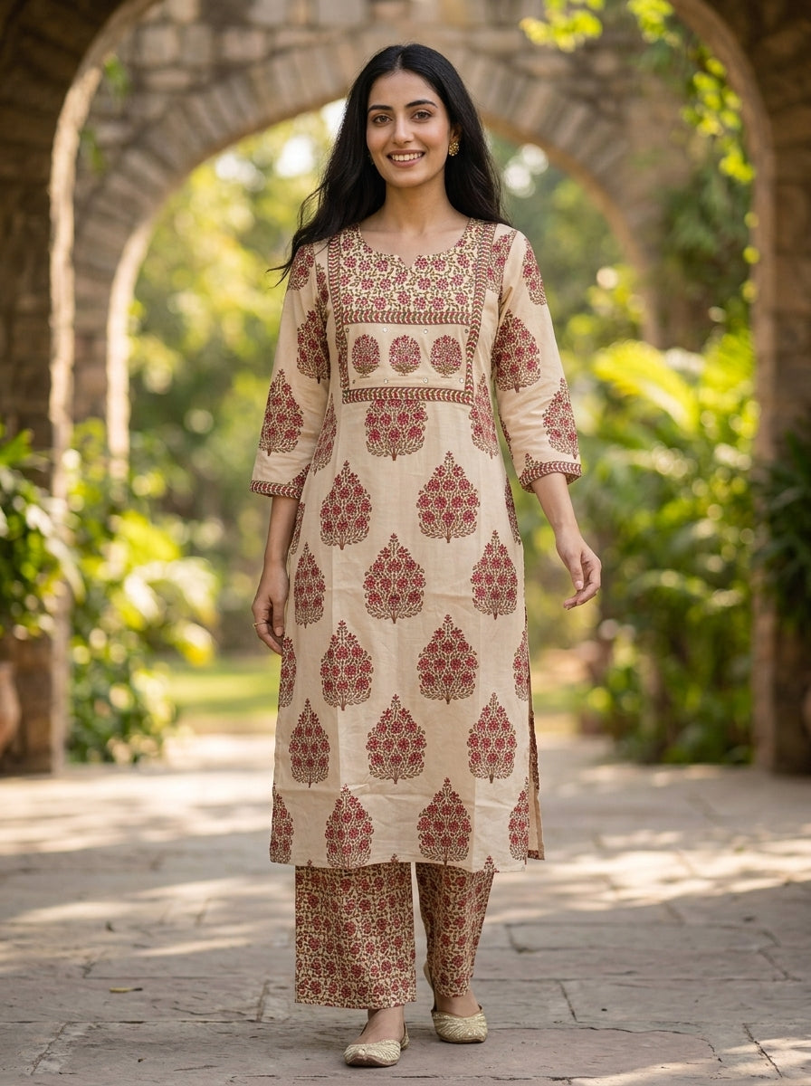 Peach Mughal Floral Ethnic Printed Sequin Cotton Straight Kurta Set with Palazzo and Dupatta
