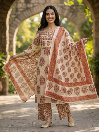 Peach Mughal Floral Ethnic Printed Sequin Cotton Straight Kurta Set with Palazzo and Dupatta