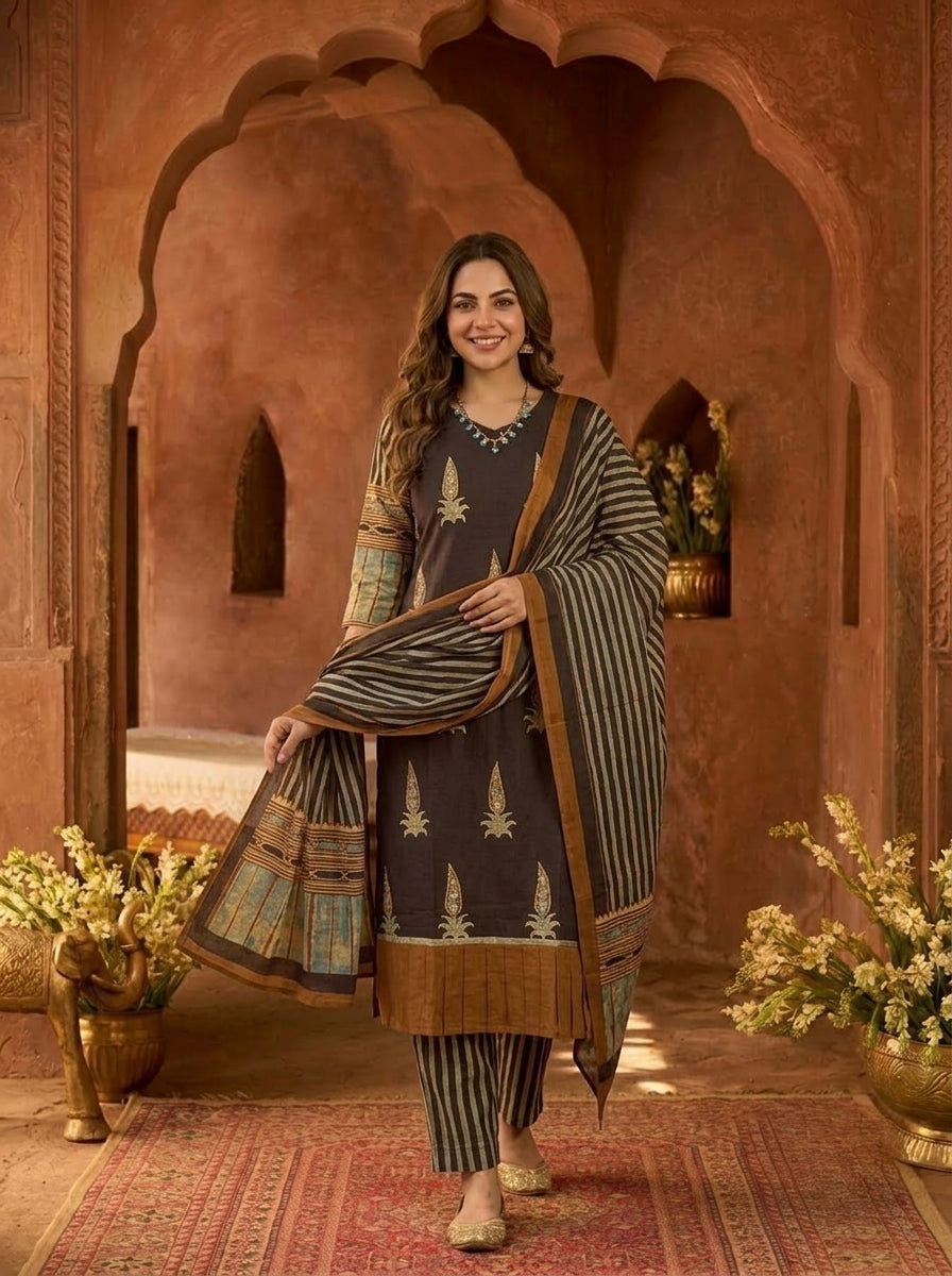 Espresso Brown Floral Ethnic Printed Embroidered Cotton Straight Kurta Set with Palazzo and Dupatta