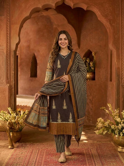 Espresso Brown Floral Ethnic Printed Embroidered Cotton Straight Kurta Set with Palazzo and Dupatta