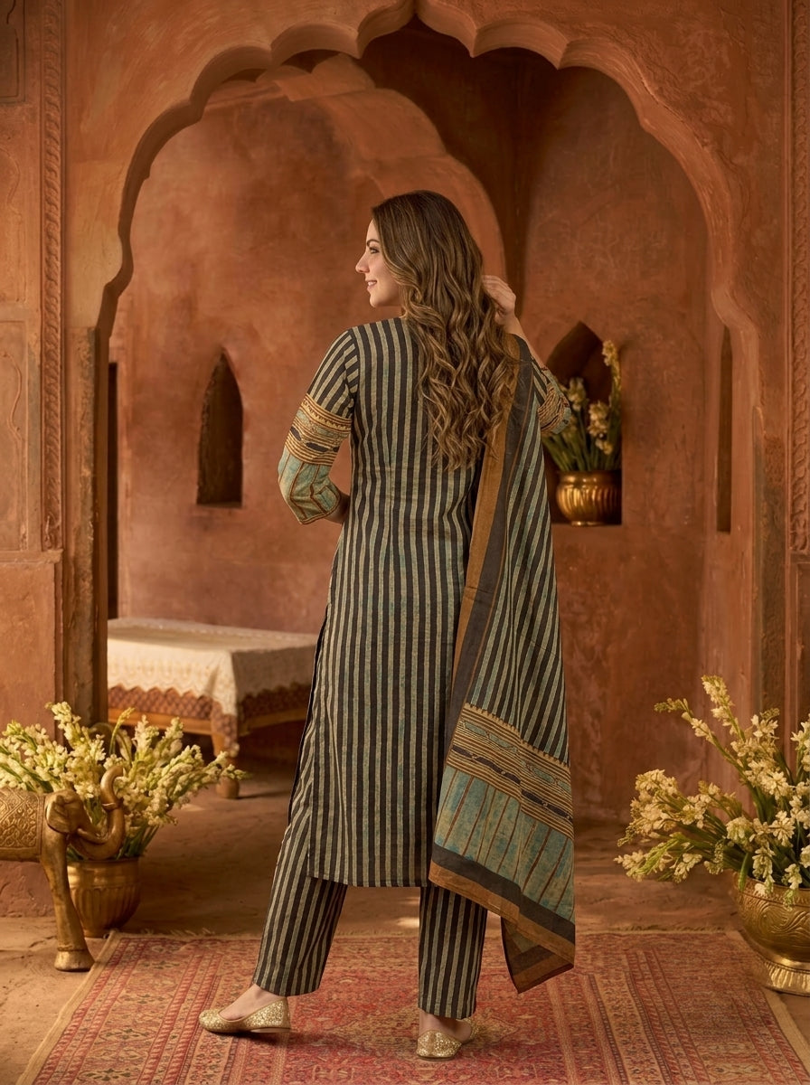 Espresso Brown Floral Ethnic Printed Embroidered Cotton Straight Kurta Set with Palazzo and Dupatta