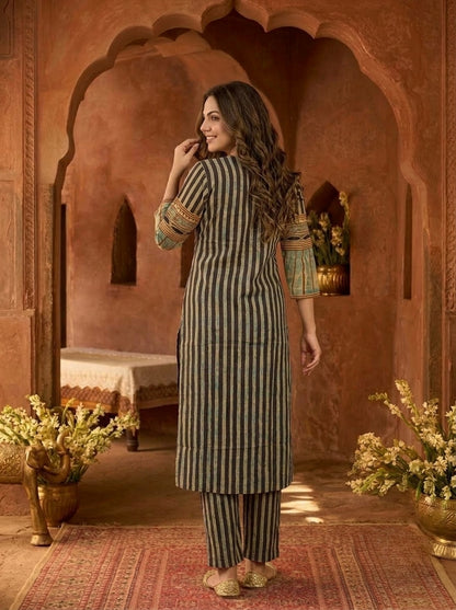 Espresso Brown Floral Ethnic Printed Embroidered Cotton Straight Kurta Set with Palazzo and Dupatta