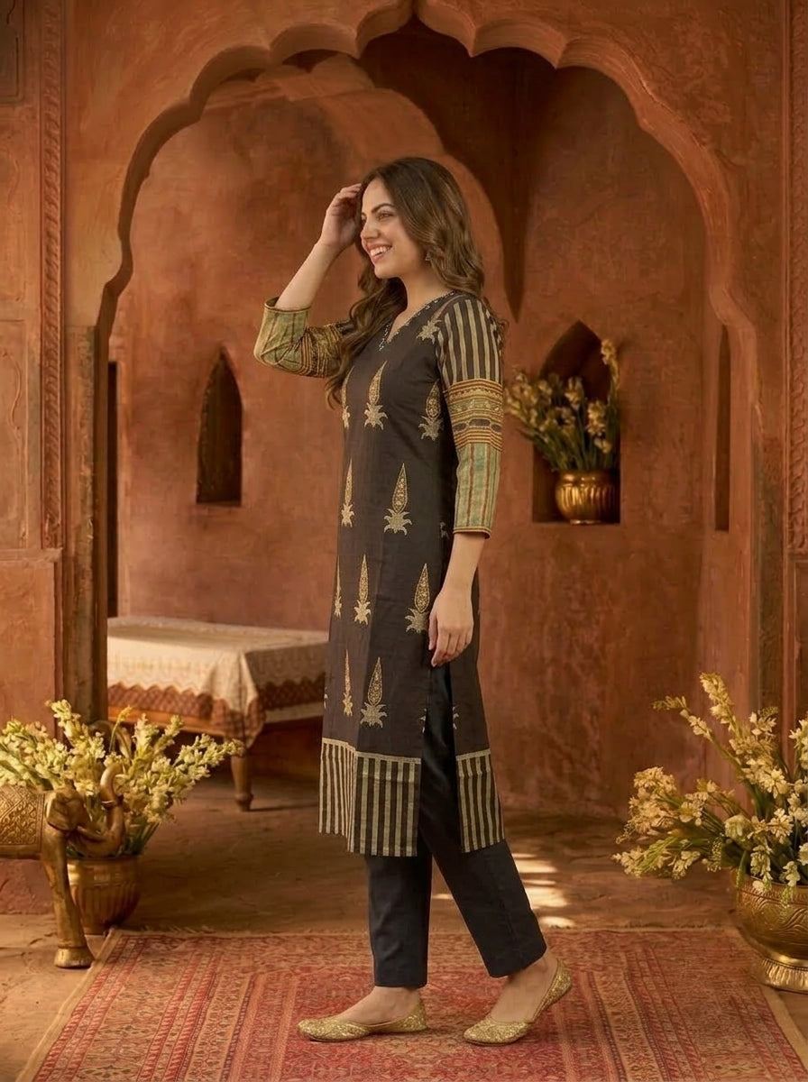 Espresso Brown Floral Ethnic Printed Embroidered Cotton Straight Kurta Set with Palazzo and Dupatta