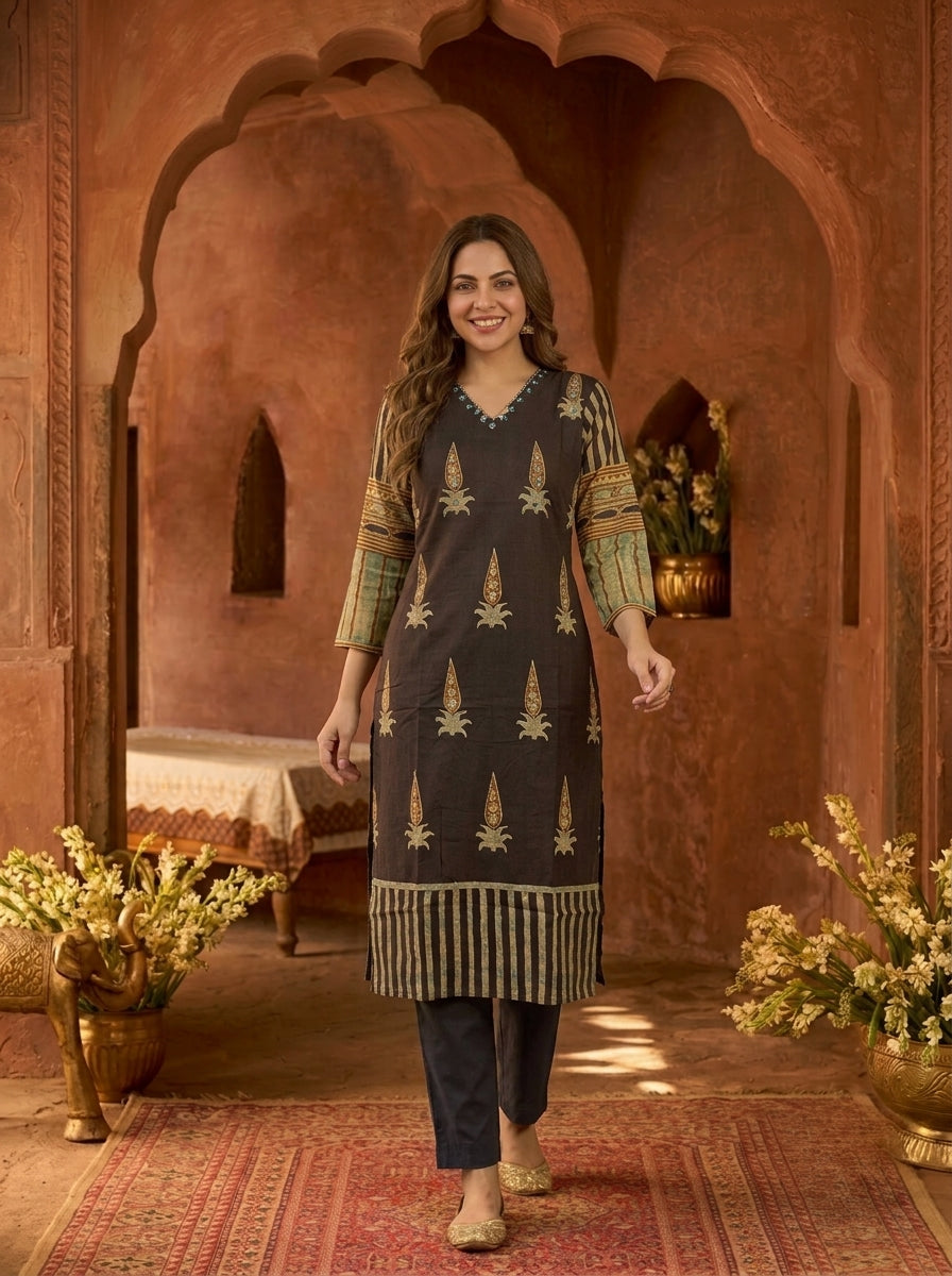 Espresso Brown Floral Ethnic Printed Embroidered Cotton Straight Kurta Set with Palazzo and Dupatta