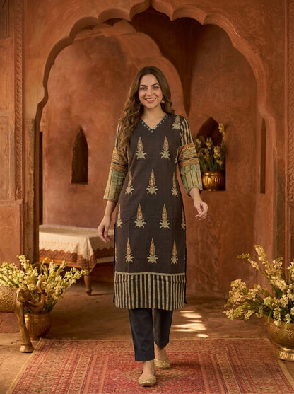 Espresso Brown Floral Ethnic Printed Embroidered Cotton Straight Kurta Set with Palazzo and Dupatta