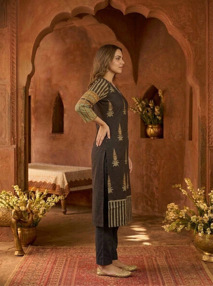 Espresso Brown Floral Ethnic Printed Embroidered Cotton Straight Kurta Set with Palazzo and Dupatta