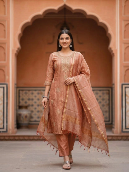 Rose Gold Solid Floral Dori Sequin Embroidered Tissue A-Line Kurta Set with Palazzo and Dupatta
