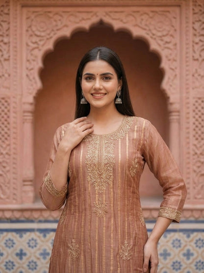 Rose Gold Solid Floral Dori Sequin Embroidered Tissue A-Line Kurta Set with Palazzo and Dupatta