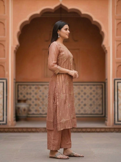 Rose Gold Solid Floral Dori Sequin Embroidered Tissue A-Line Kurta Set with Palazzo and Dupatta
