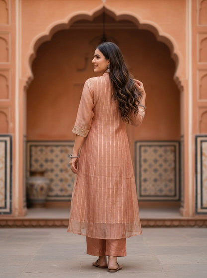 Rose Gold Solid Floral Dori Sequin Embroidered Tissue A-Line Kurta Set with Palazzo and Dupatta