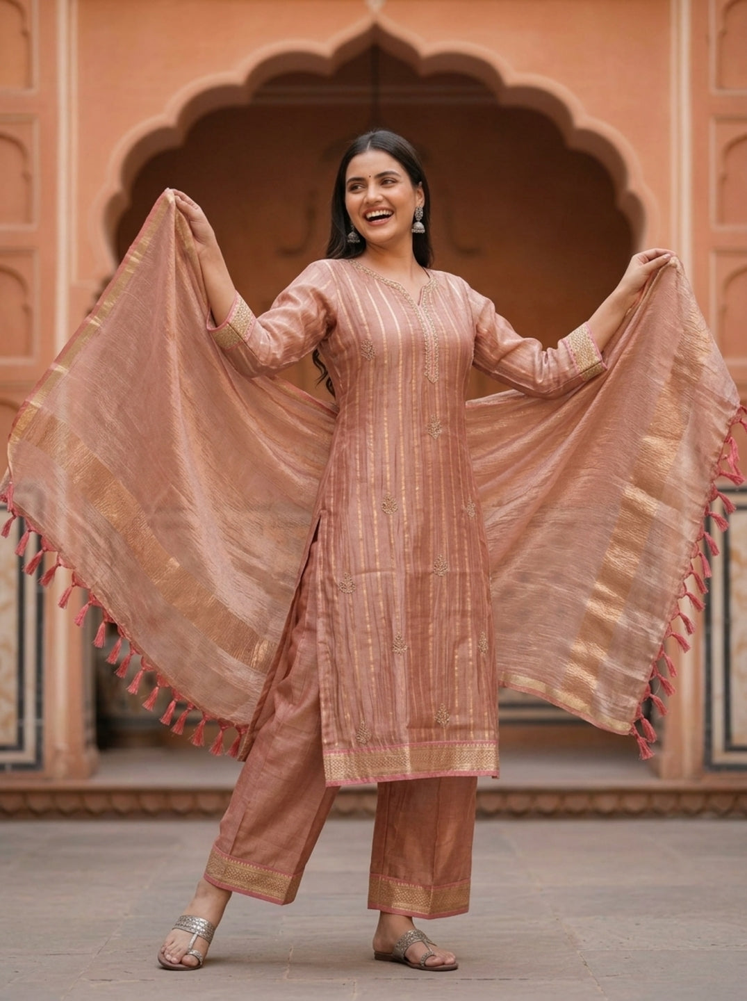 Rose Gold Solid Floral Dori Sequin Embroidered Tissue A-Line Kurta Set with Palazzo and Dupatta