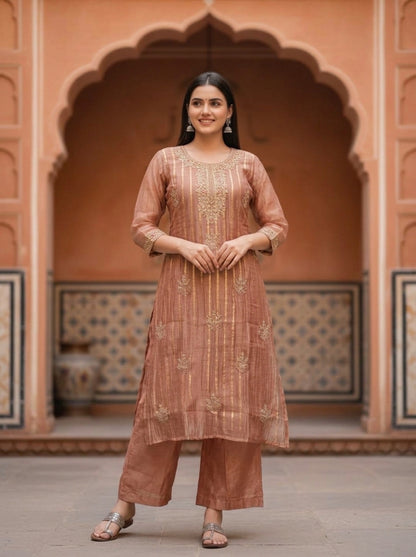 Rose Gold Solid Floral Dori Sequin Embroidered Tissue A-Line Kurta Set with Palazzo and Dupatta