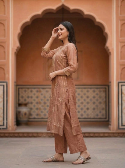 Rose Gold Solid Floral Dori Sequin Embroidered Tissue A-Line Kurta Set with Palazzo and Dupatta